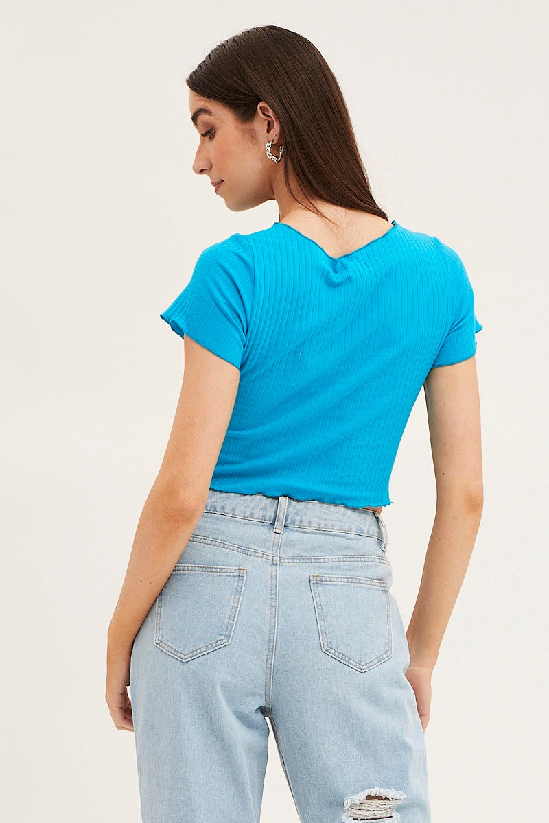 Blue Crop Top Short Sleeve Ribbed