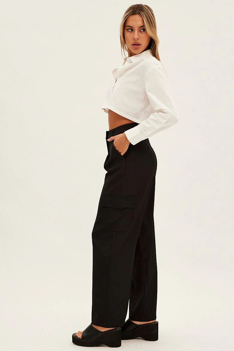 Black Wide Leg Pants High Rise Cargo Tailored