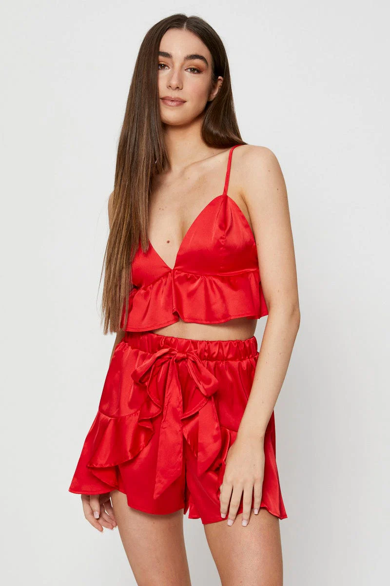 Red Bralette Pyjamas Set Satin