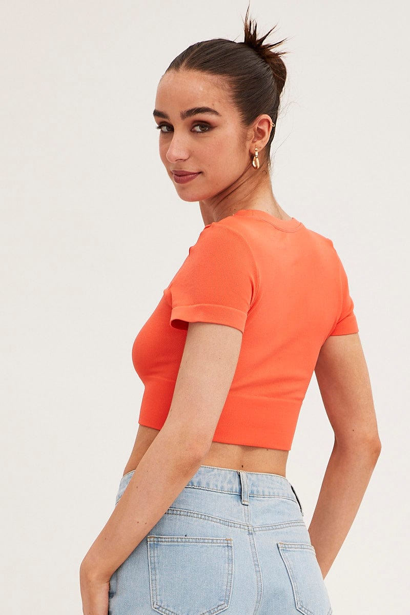 Orange T Shirt Short Sleeve Crew Neck Seamless