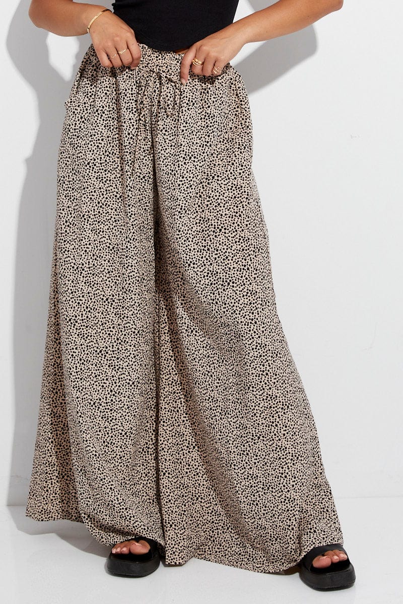 Beige Animal Print Wide Leg Pants High Rise