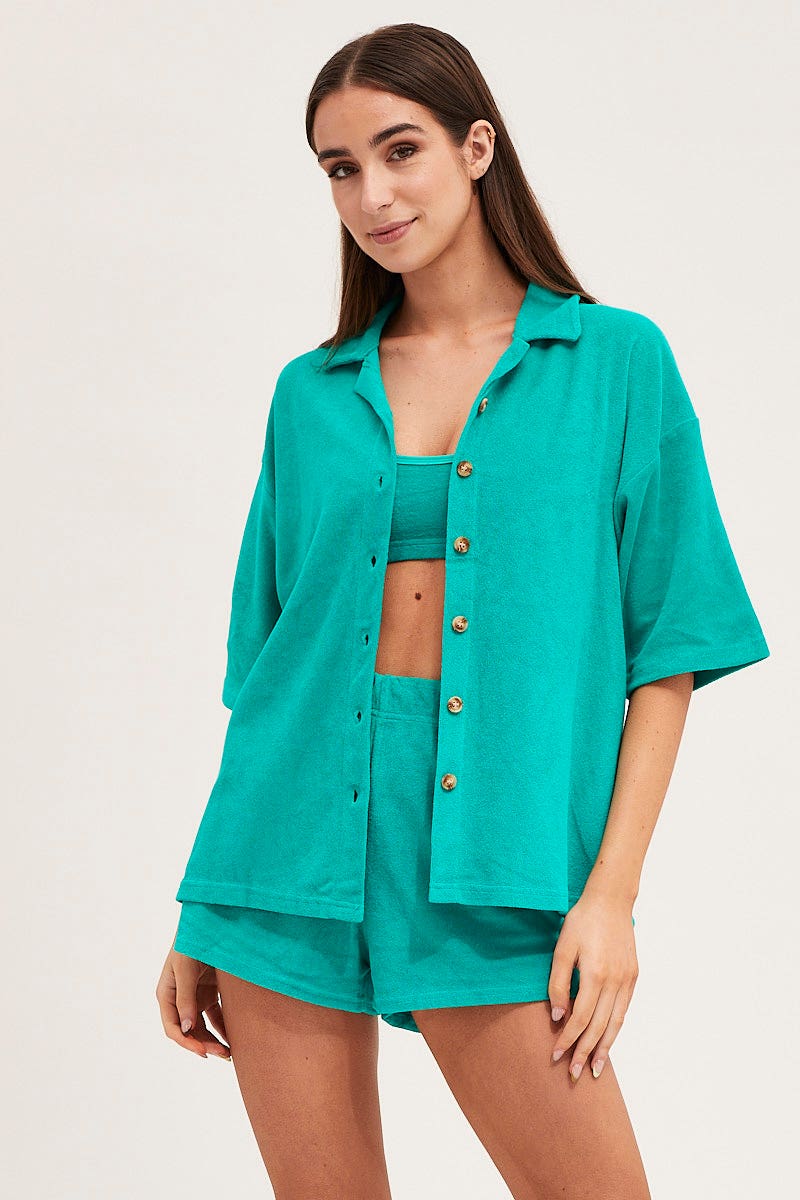 Green Lounge Top Short Sleeve Oversized Terry