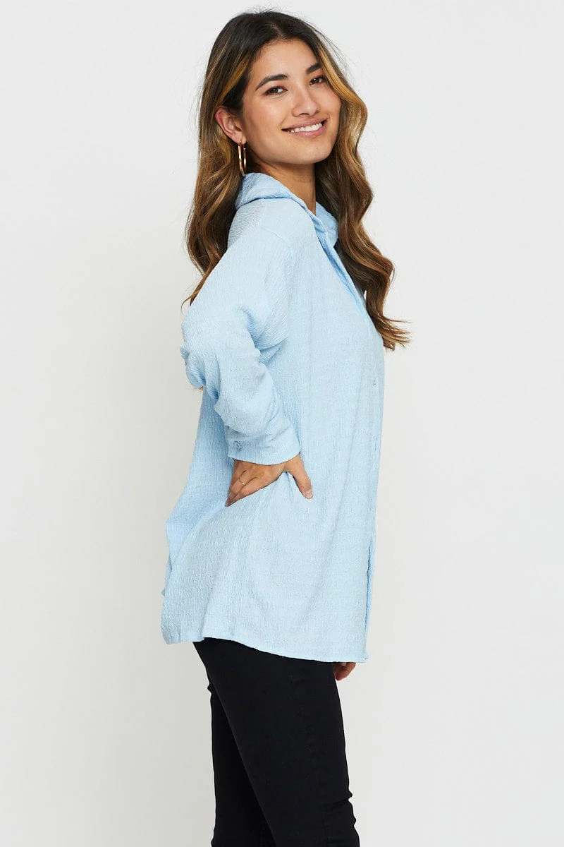 Blue Button Front Shirts Long Sleeve