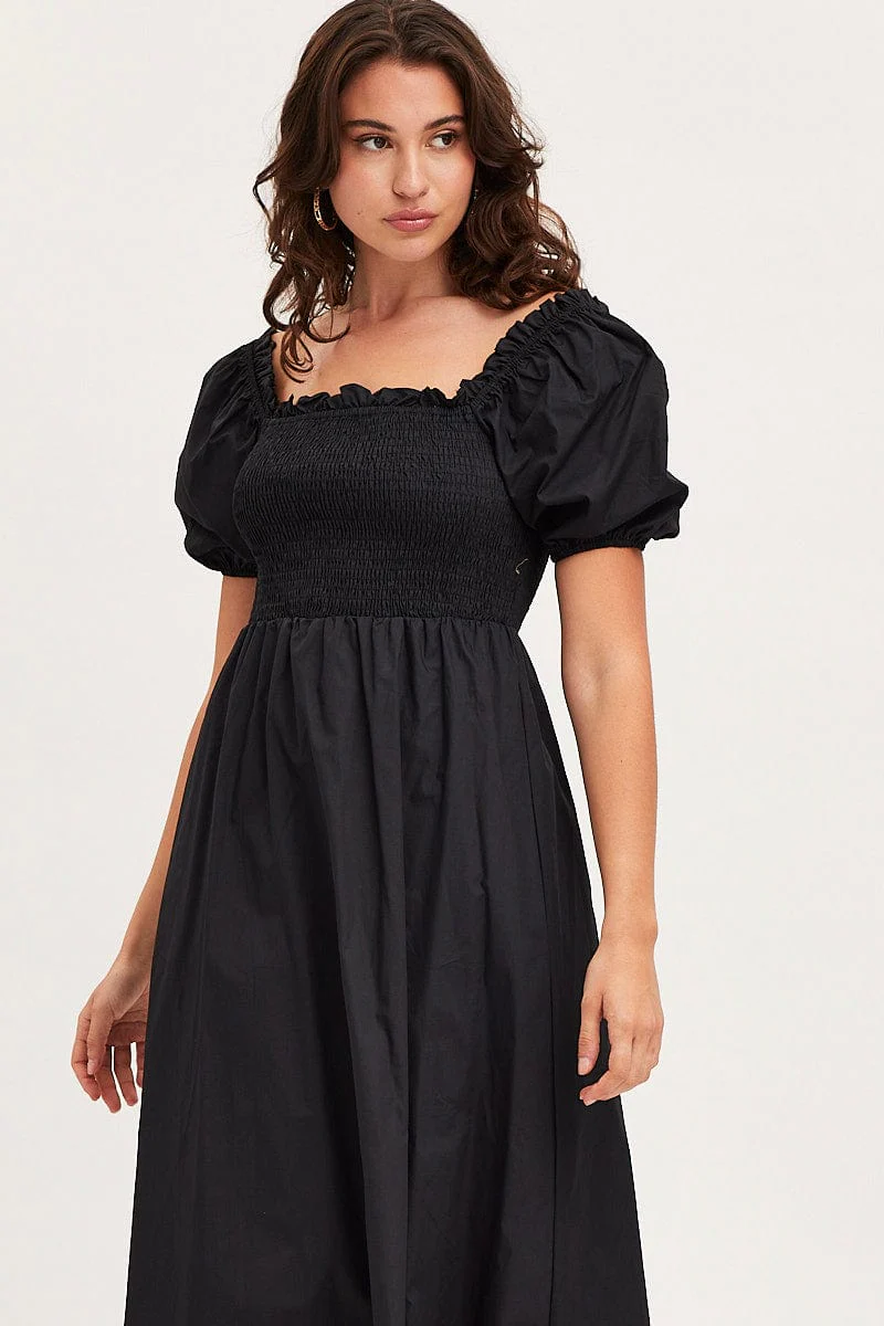 Black Midi Dress Short Sleeve Square Neck