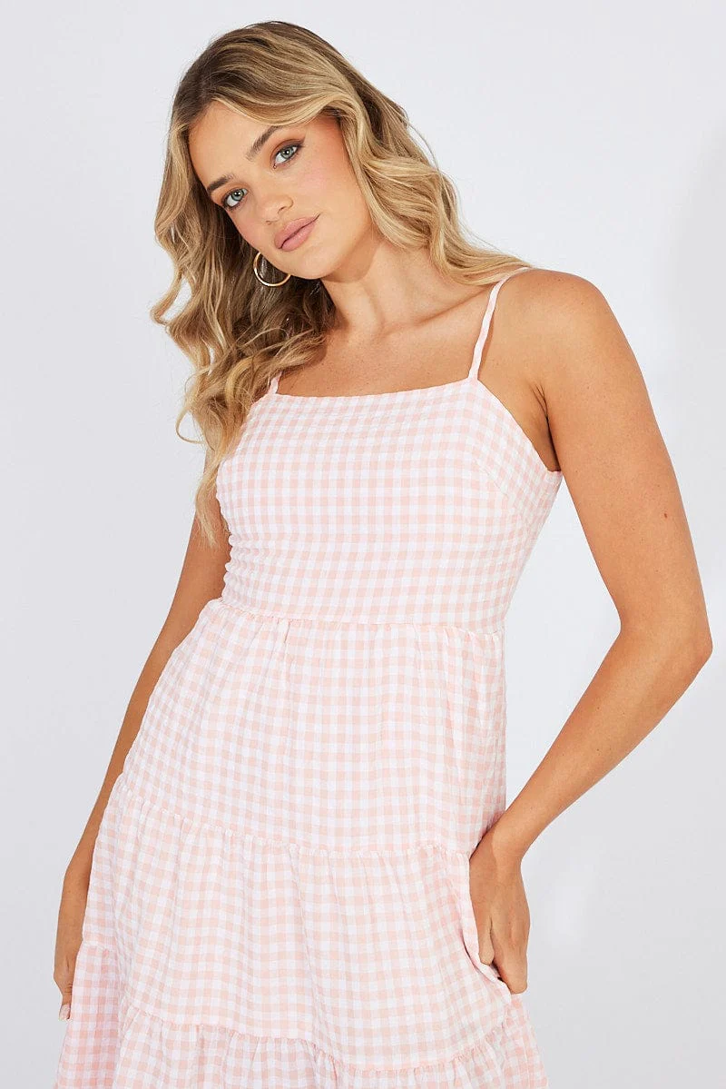 Pink Check Midi Dress Sleeveless Tie Back