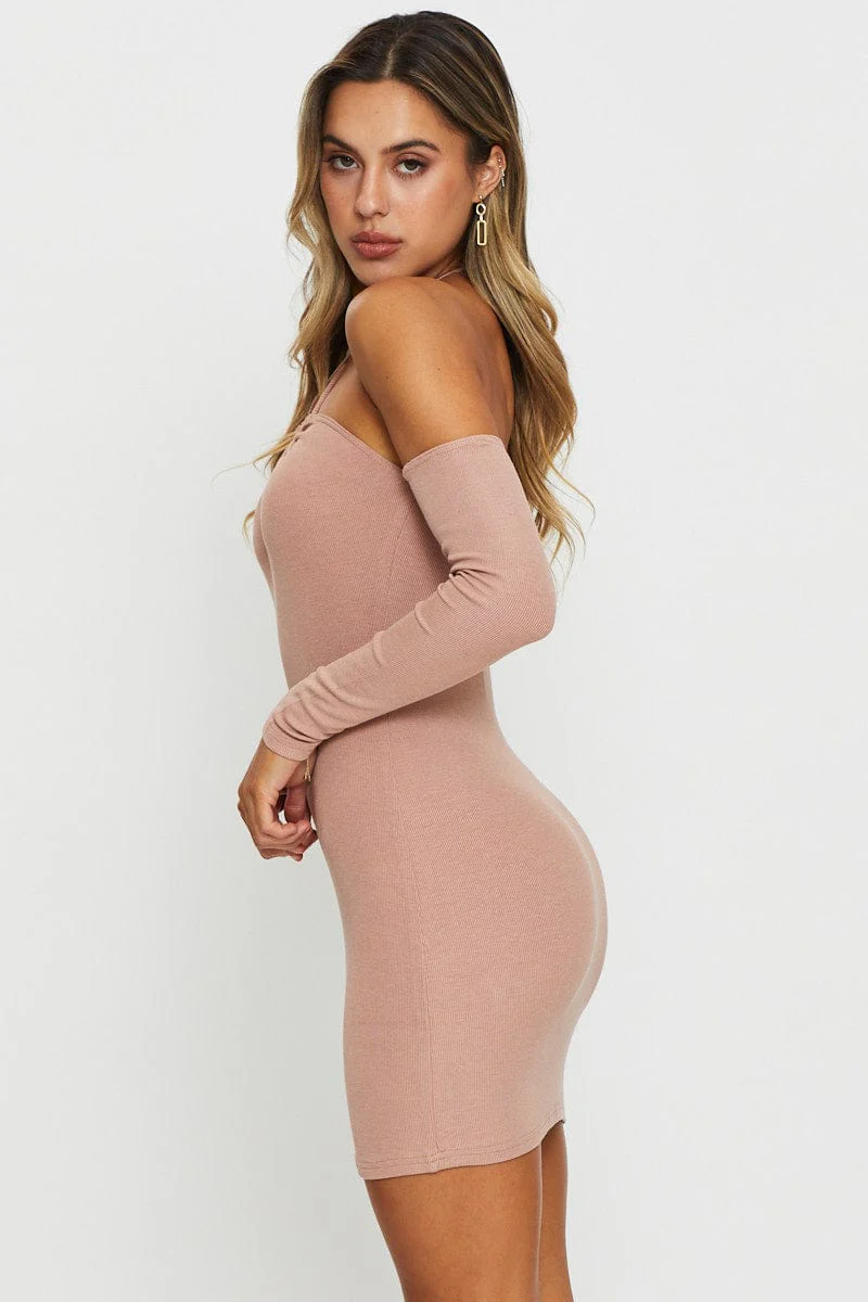 Brown Mini Dress Bodycon Halter Neck