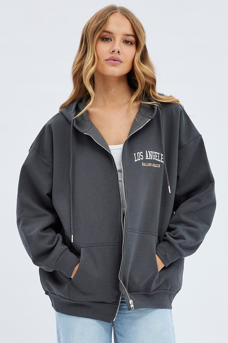 Grey Hoodie Zip Long Sleeve Embroidery