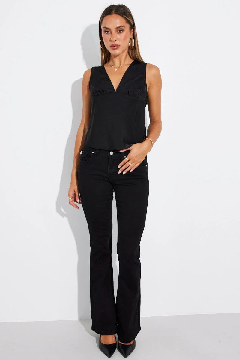 Black Satin V Neck Top Sleeveless