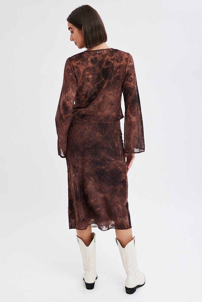 Red Paisley Midi Skirt High Rise Fit & Flare Mesh Lined