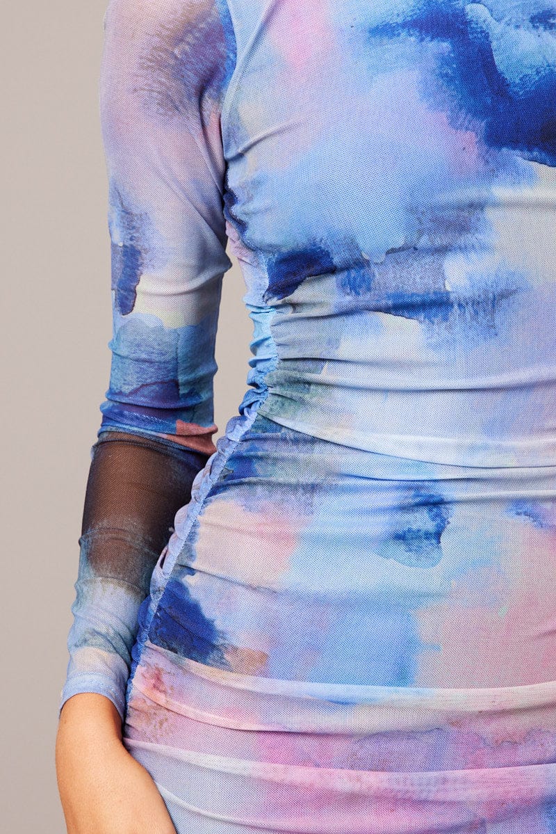 Multi Abstract Bodycon Dress Mini Mesh