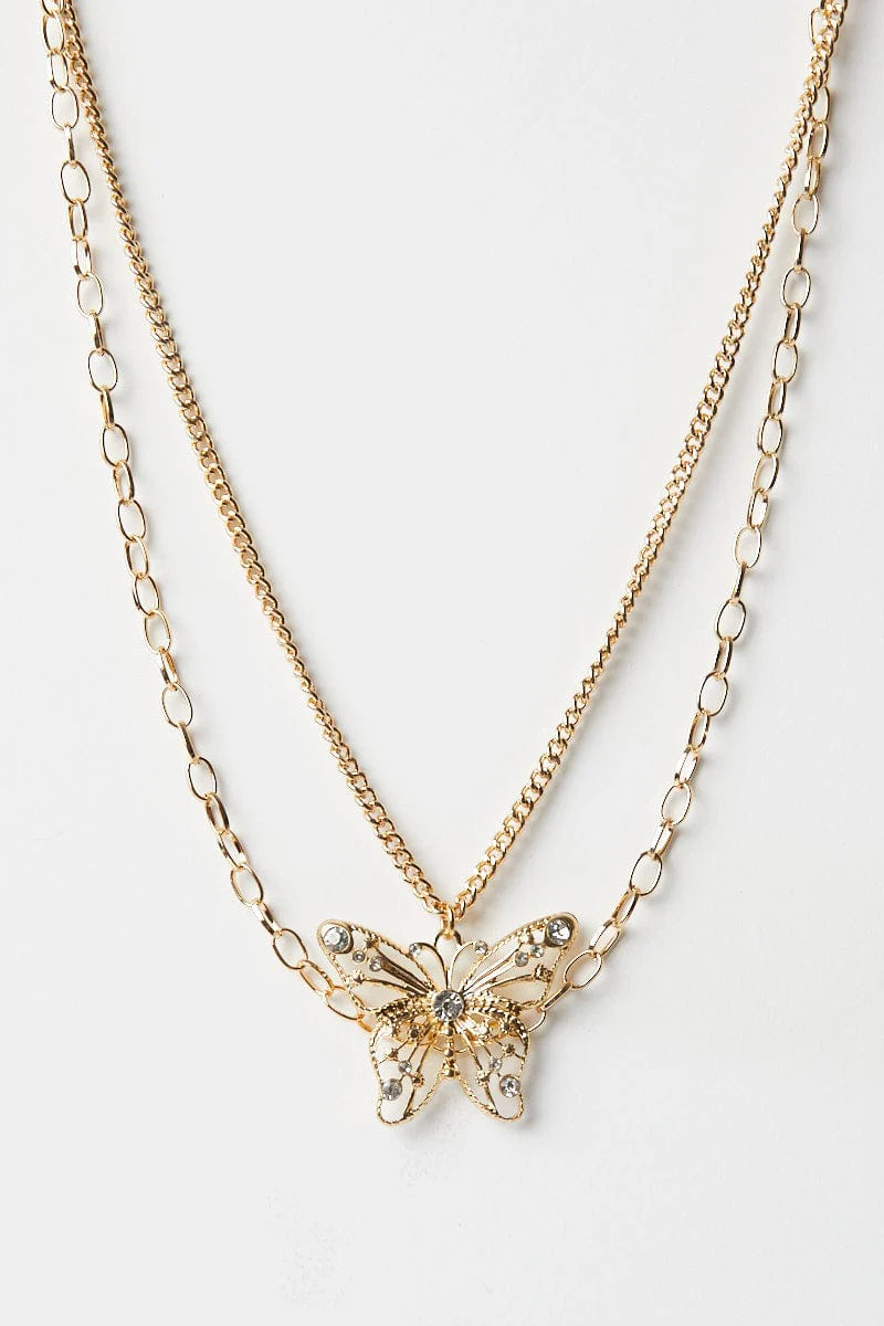Gold Butterfly Layered Pendant Necklace