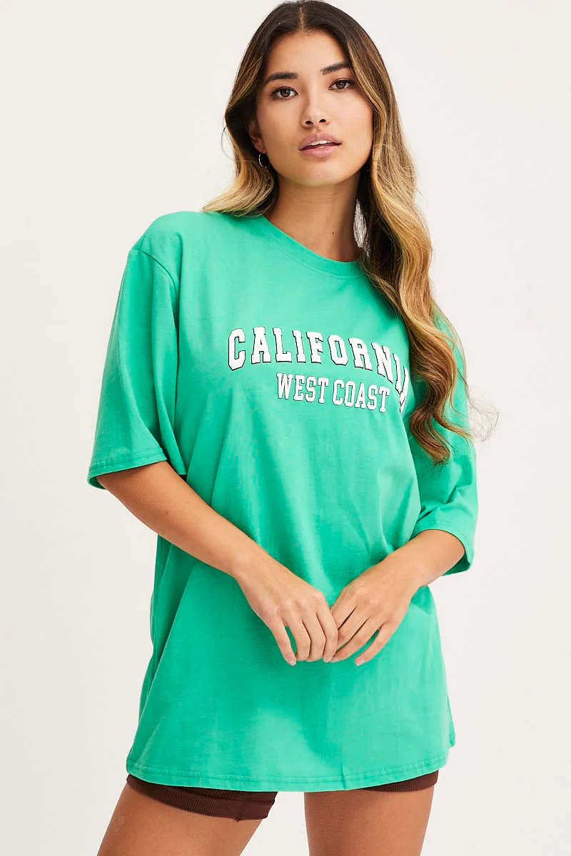 Green Graphic T Shirt Short Sleeve Embroided