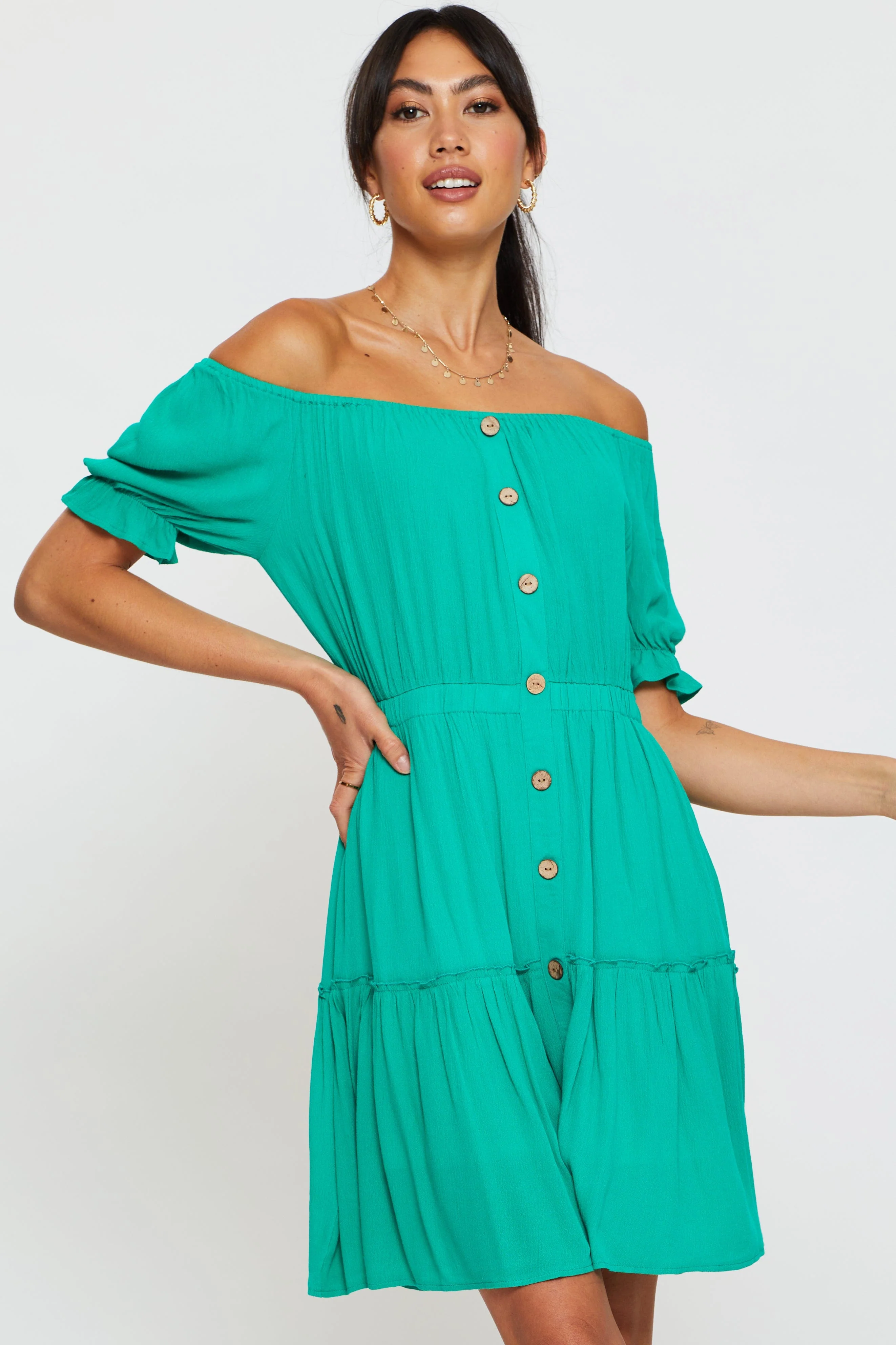Green Mini Dress Off Shoulder Linen