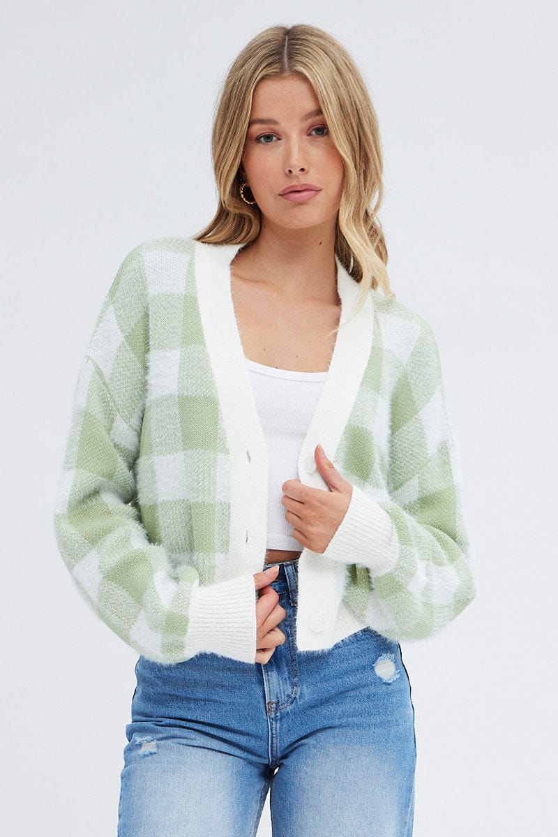 Green Check Crop Knit Cardigan Check