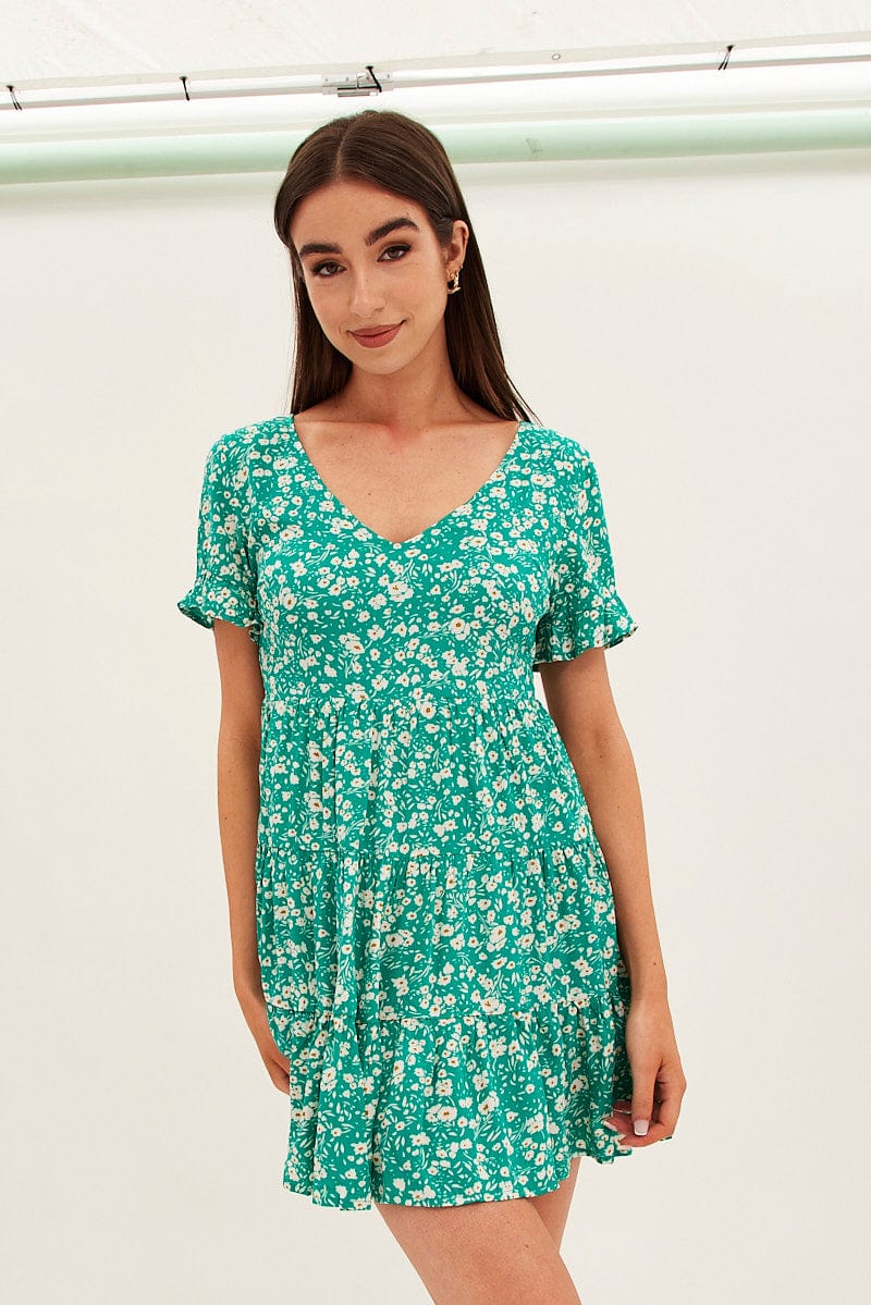 Floral Print Sun Dress Mini Short Sleeve V Neck