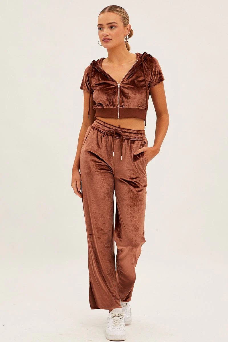 Brown Velour Short Sleeve Zip Lounge Hoodie