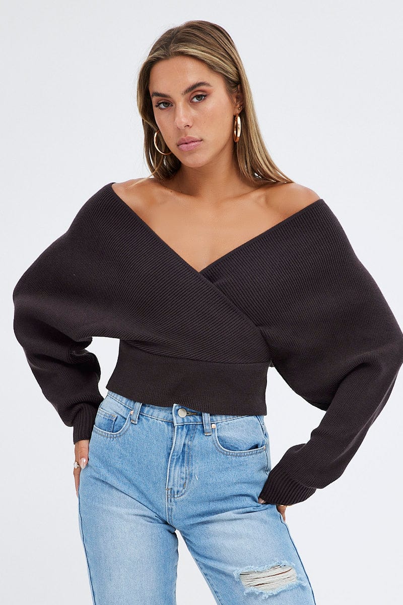 Brown Knit Top Long Sleeve Cross Over