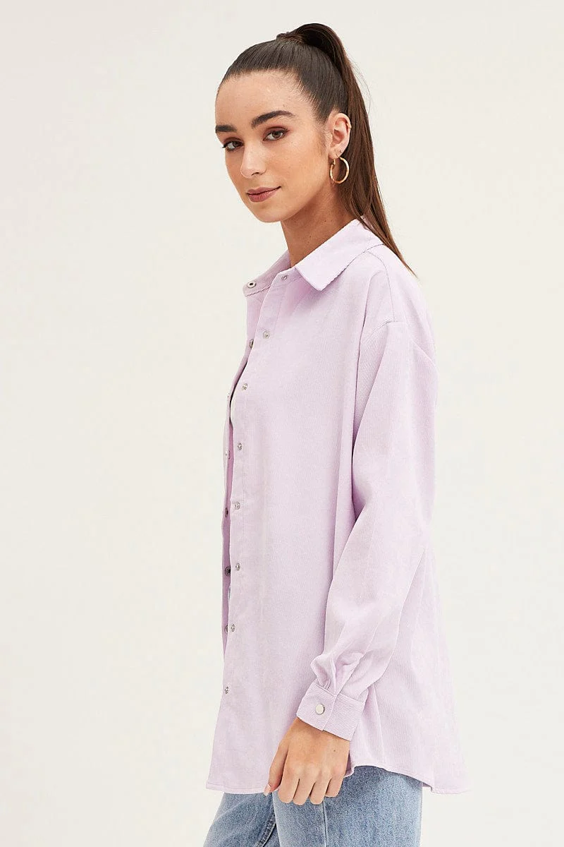 Purple Shirt Top Long Sleeve Collared Corduroy