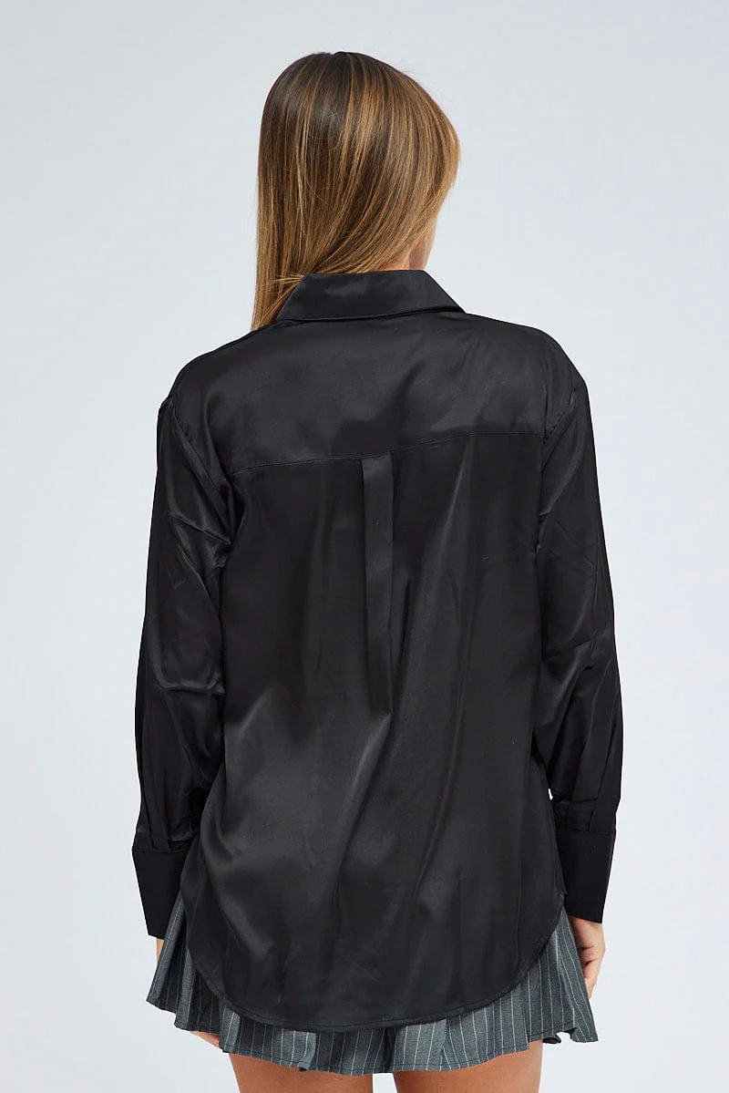 Black Satin Shirt Long Sleeve Collared Neck