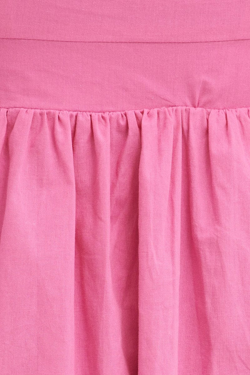 Pink Button Dress Puff Sleeve V Neck Cotton