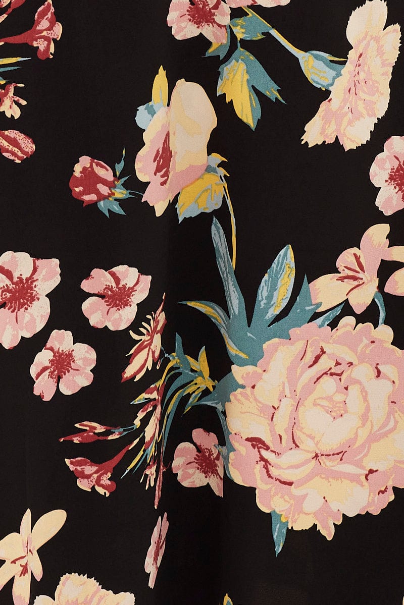 Black Floral High Waist Front Slit Floral Midi Skirt