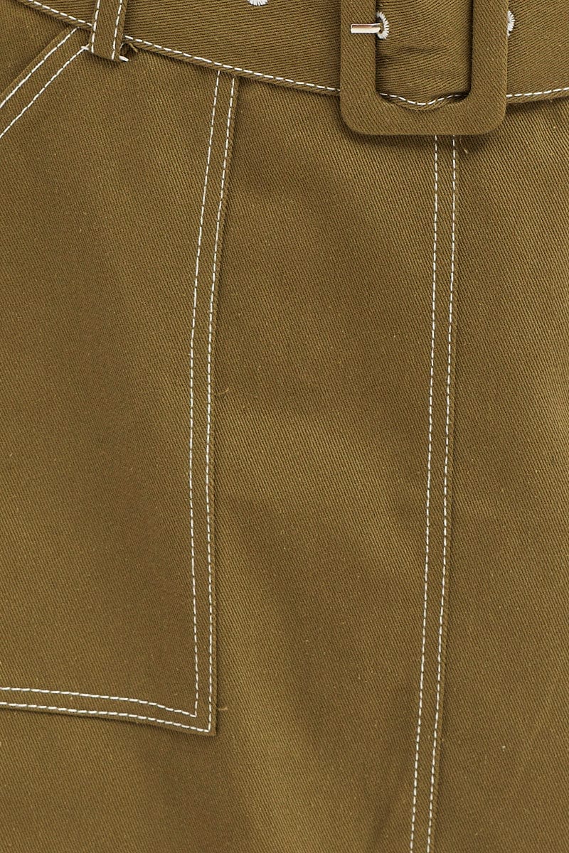 Green Mini Skirt High Waisted Contrast Belted Utility