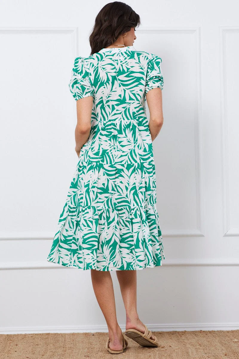 Trop Print Midi Dress Short Sleeve