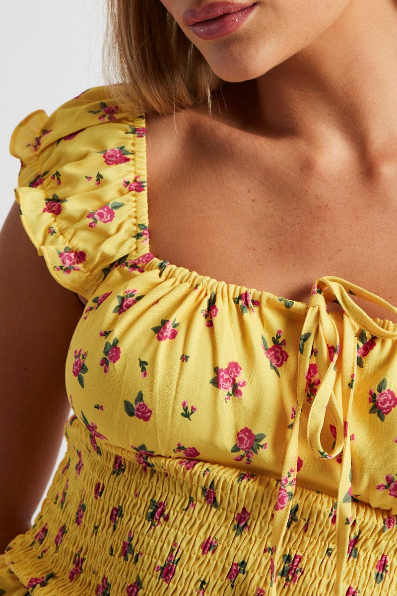 Yellow Floral Puff Sleeve Top Short Sleeve