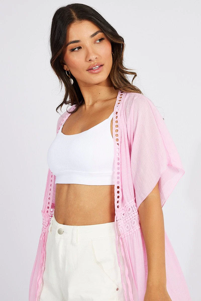 Pink Tie Front Kimono Short Sleeve Longline