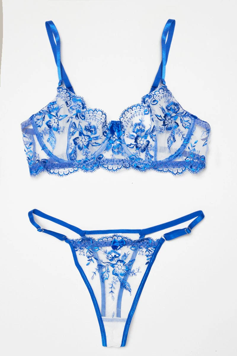 Blue Embroidery Lingerie Set