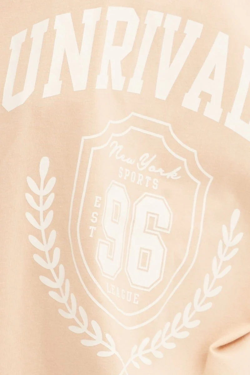 Beige Graphic T Shirt Short Sleeve Crew Neck