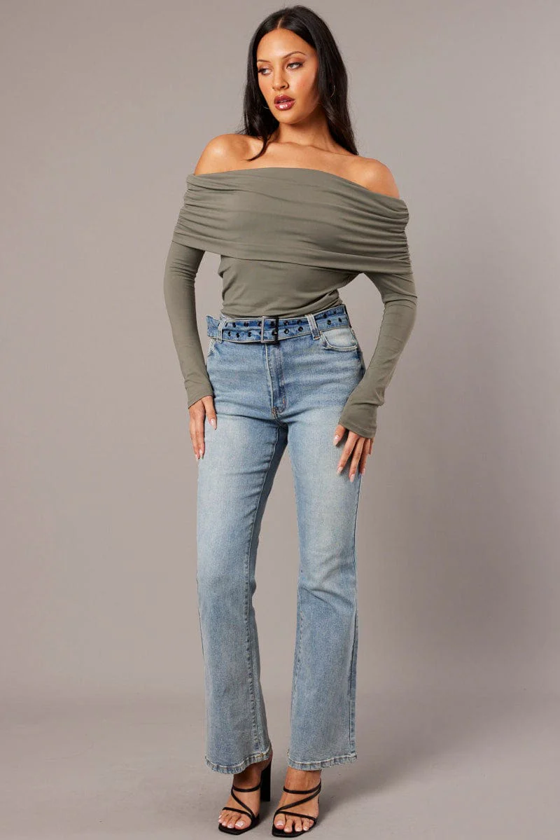 Green Off Shoulder Top Long Sleeve