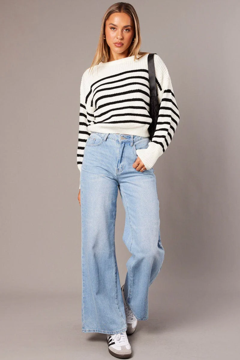 White Stripe Knit Top Long Sleeve