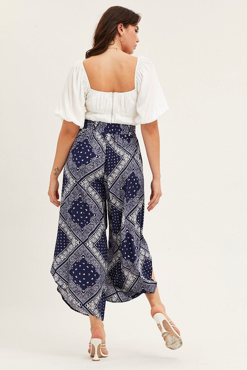 Boho Print High Rise Front Split Wide Leg Pants