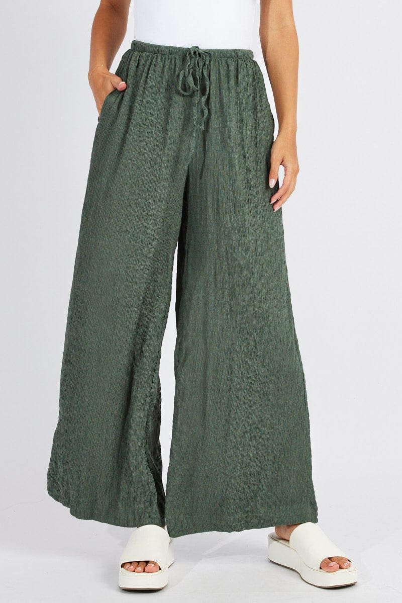 Green Wide Leg Pants High Rise Textured Fabric