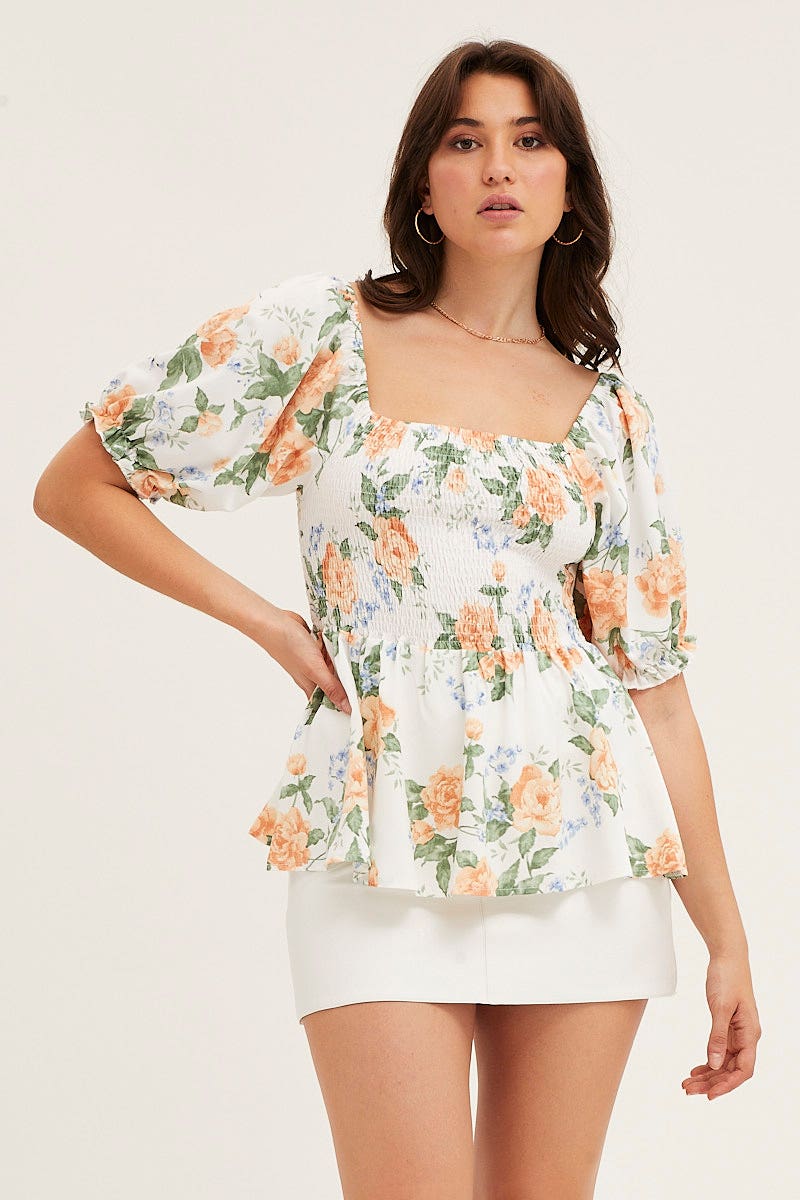 Print Puff Sleeve Shirred Top