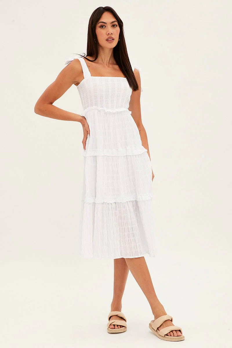 White Midi Dress Sleeveless Shirred Texture Cotton