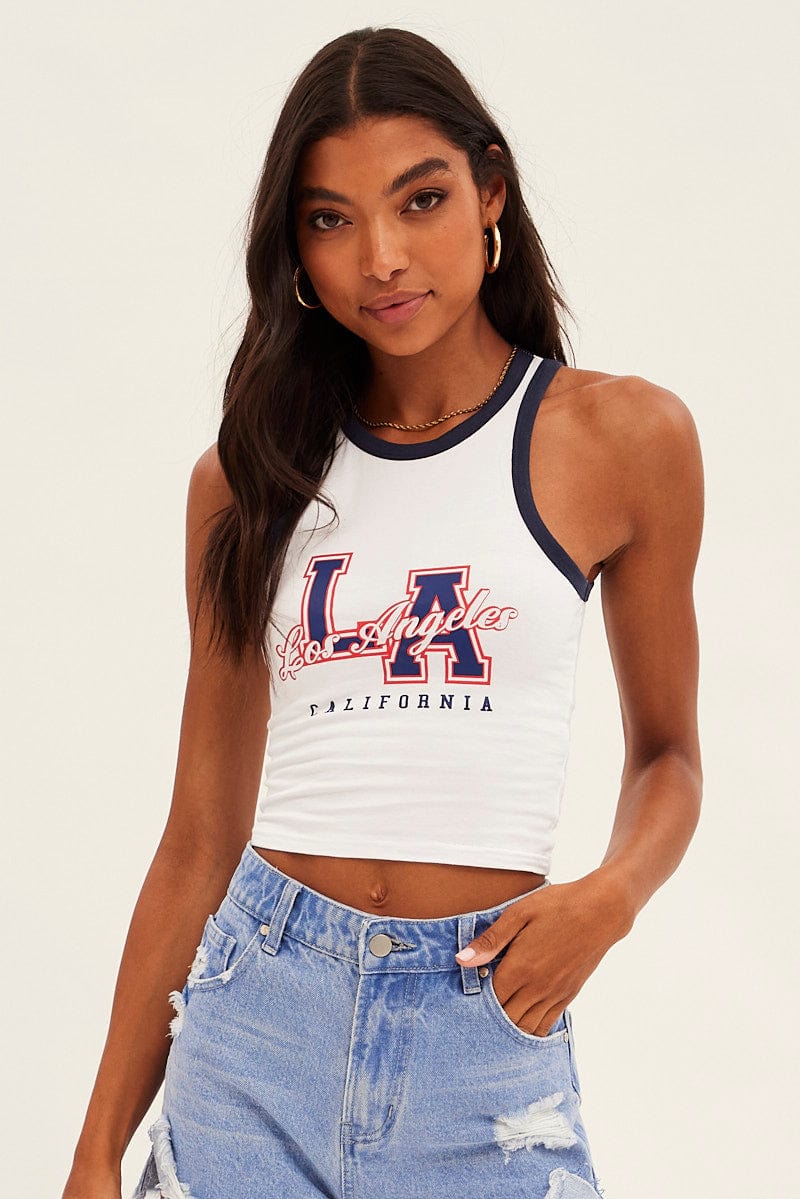 White Graphic Tank La Sleeveless Contrast Bind Crop
