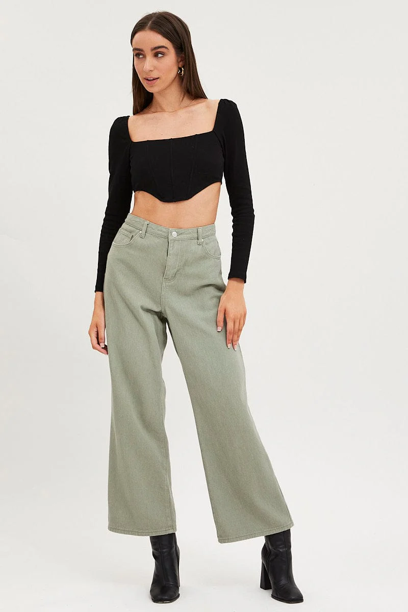 Green Wide Leg Denim Jeans High Rise