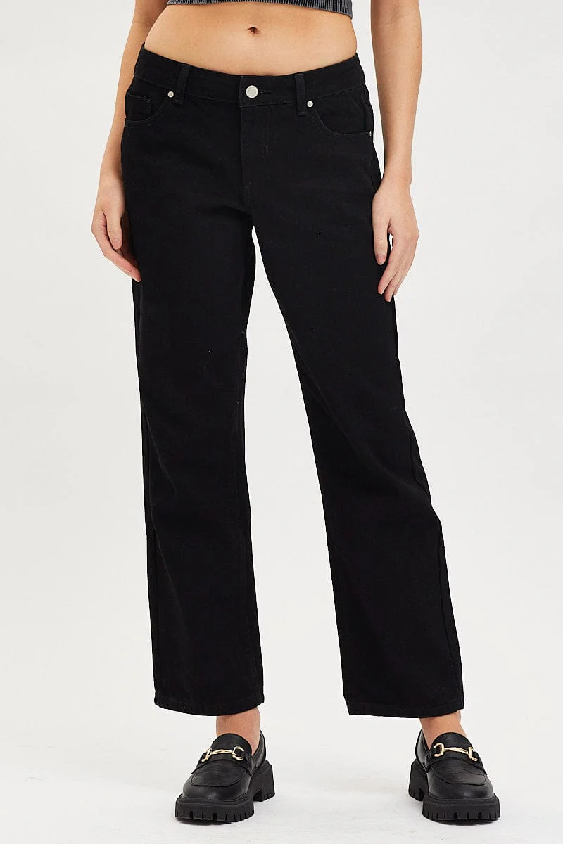 Black Straight Denim Jeans Low Rise