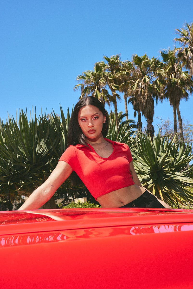 Red Collar Top Short Sleeve Seamless