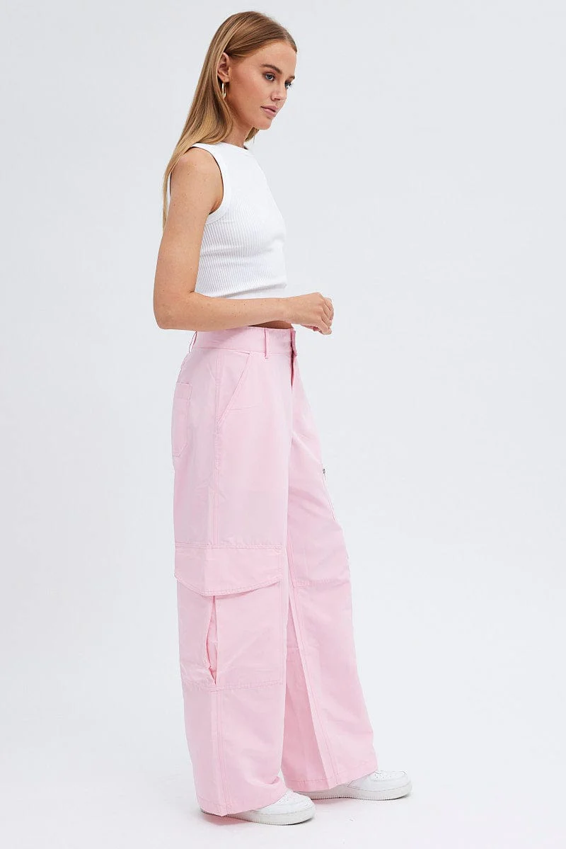 Pink Cargo Pants Mid-Rise Wide Leg Parachute