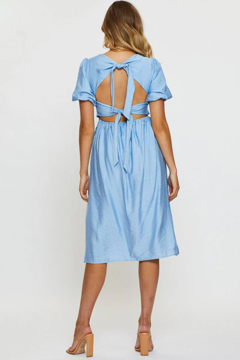 Blue Midi Dress Short Sleeve Square Neck