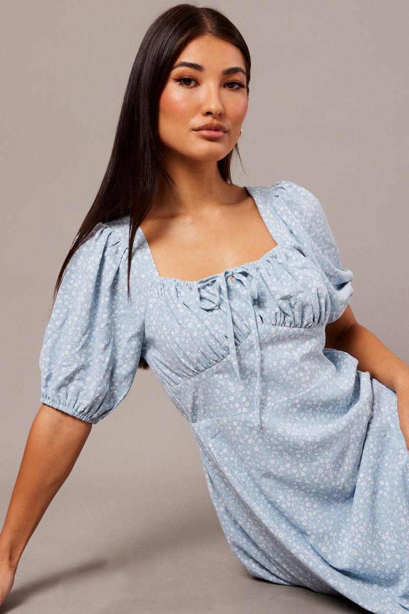 Blue Ditsy Midi Dress Short Sleeve Ruched Bust