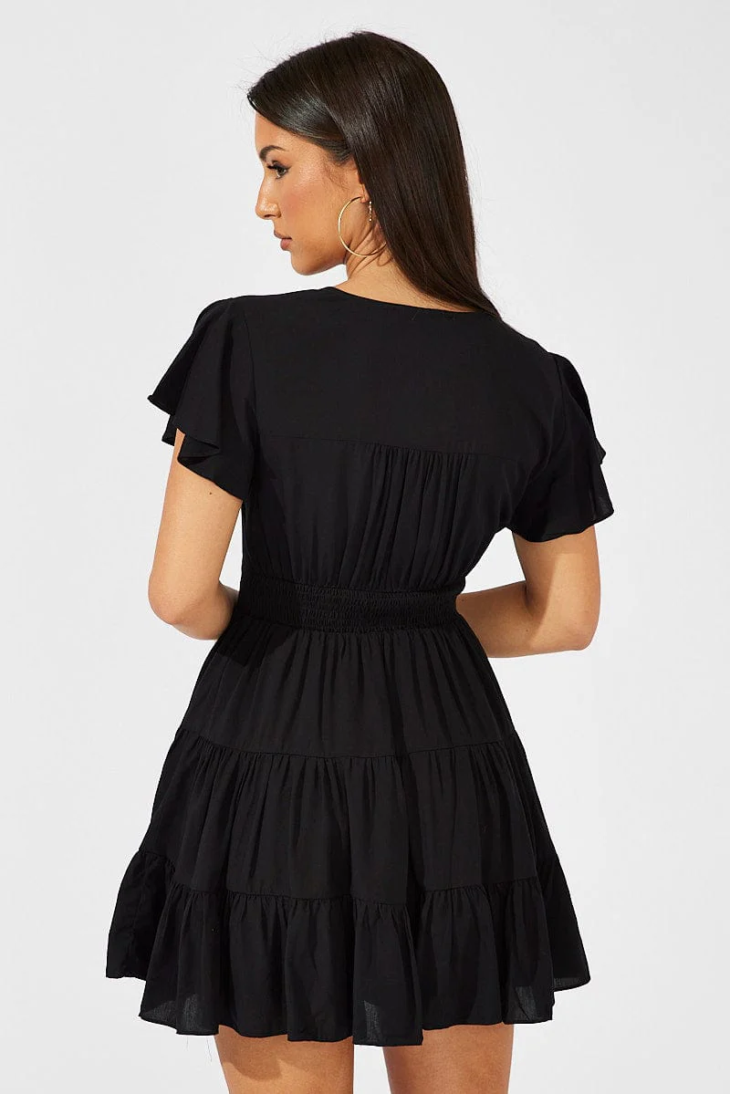 Black Fit And Flare Dress V-neck Mini