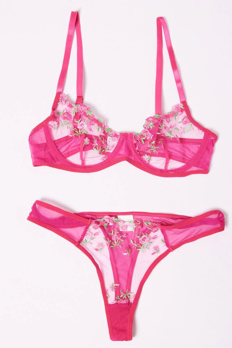 Pink Embroidery Lingerie Set