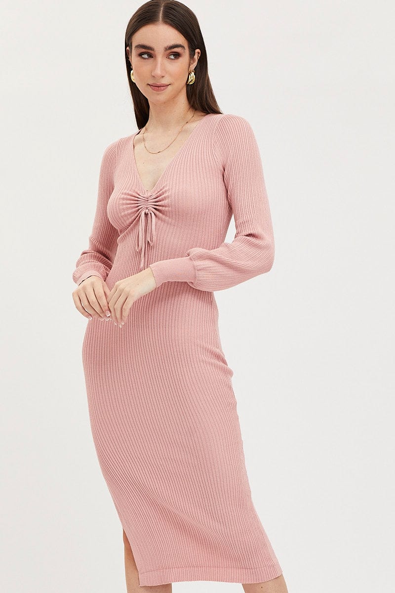 Pink Knit Dress Evening Midi