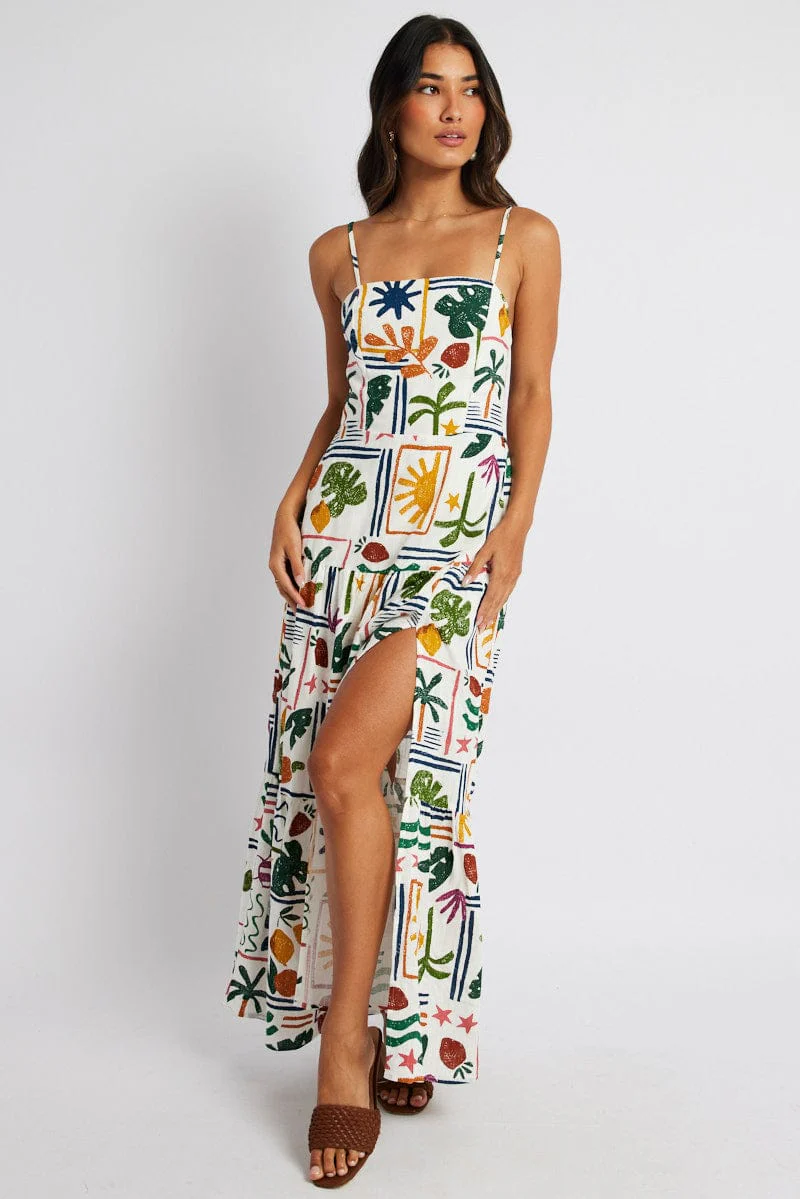 Multi Abstract Midi Dress Strappy Cutout Linen Blend