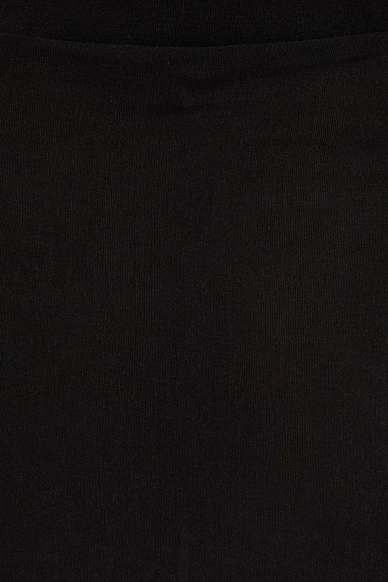 Black Jersey Elastic Waist Front Split Midi Skirt