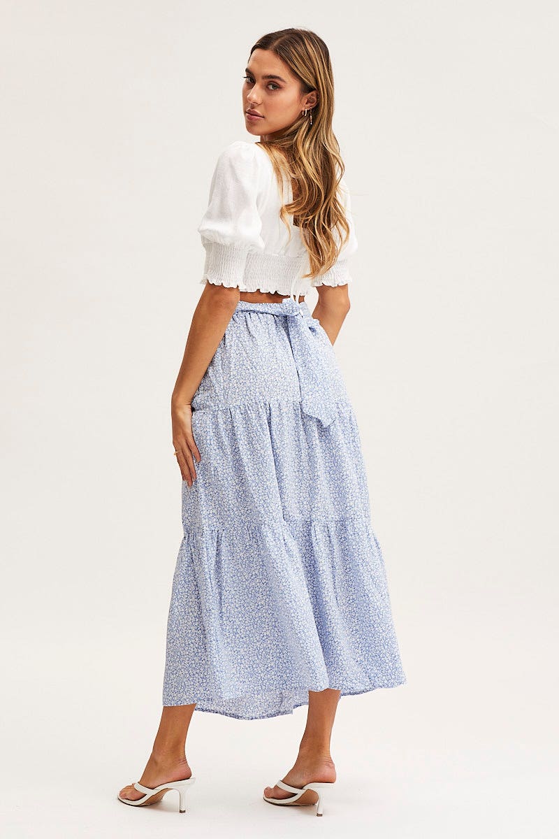 Print Midi Skirt High Rise Tiered